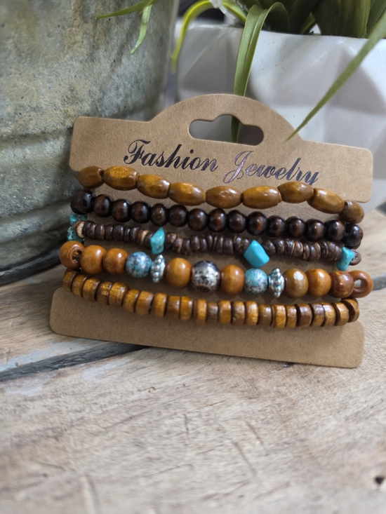 No Brand Jewelry - Boho Wood Bead Bracelet Set Turquoise Accent Stretch Bracelets Stackable 5 Pc